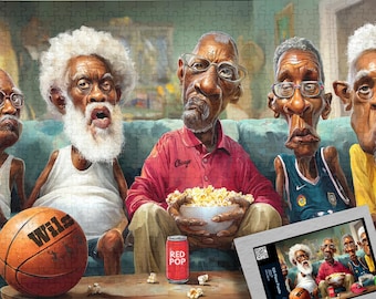 May include: A colorful jigsaw puzzle featuring a group of elderly men watching a basketball game. One man holds a bowl of popcorn, and a basketball and a can of Red Pop are on the table. The puzzle is a fun activity for all ages.