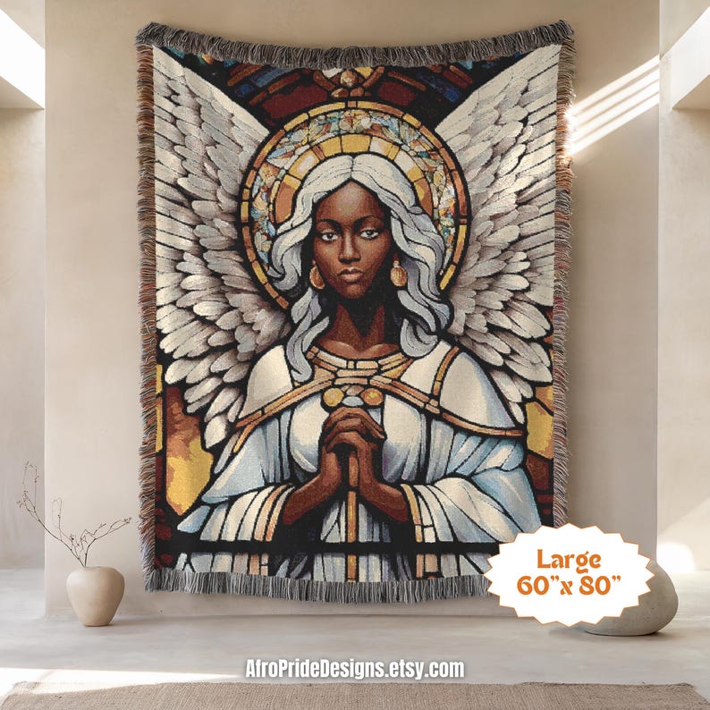 Christian gift, African American art, Unique blanket, Angel design, Home decor, Gift for her, Gift for him, Housewarming gift, Black art decor, Spiritual gift, Black Owned Shops, Woven throw blanket, Boho wall art