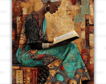 May include: An artistic painting depicts a woman reading a book. She wears a patterned teal dress, a black top, and a head wrap. The background features a textured, abstract design in shades of brown and gold. The woman is wearing glasses and gold jewelry.