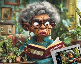 Black Art Puzzle Plant Lovers Gift for Her, African American Grandma Reading Book, 100/250/500/1000 Piece Adult Puzzles, Black Owned Shops
