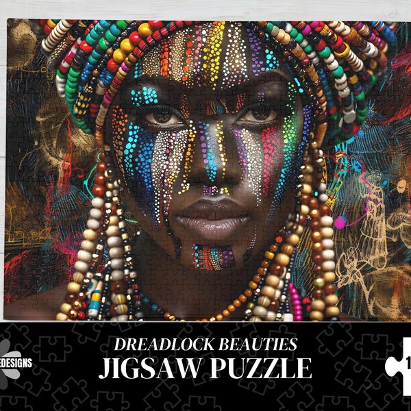 Loc Beads Jigsaw Puzzle - Rainbow Macrame African American Woman Art, 100 - 1000 Piece Puzzles, Black Owned Shops