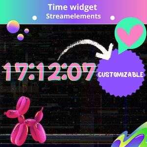 Può includere: Widget orologio digitale con il testo "17:12:07" in un font colorato. L'immagine include il testo "Time widget Streamelements" e un badge "Customizable". Sono presenti anche un cane a palloncino rosa e una nuvoletta a forma di cuore.