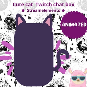 Puede incluir: Caja de chat de Twitch animada con un diseño de gato morado lindo. La caja de chat está sobre un fondo blanco con un patrón en blanco y negro de gatos, estrellas y lunas. El texto "ANIMATED" está en un círculo morado en la esquina superior derecha de la imagen.
