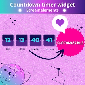 Puede incluir: Un widget de temporizador de cuenta atrás personalizable con un fondo rosa y un icono de corazón morado. El temporizador muestra 12 días, 13 horas, 40 minutos y 41 segundos.