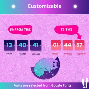 Customizable countdown timer widget for Twitch and YouTube streams. Works with Streamelements. Mechanical scoreboard style with editable colors and fonts.