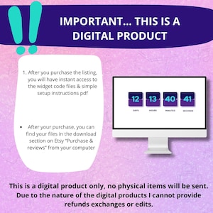 May include: A digital product listing with a countdown timer showing 12 days, 13 hours, 40 minutes, and 41 seconds. The text "IMPORTANT... THIS IS A DIGITAL PRODUCT" is displayed in large, bold letters. The text below explains that the product is a digital download and provides instructions for accessing the files.