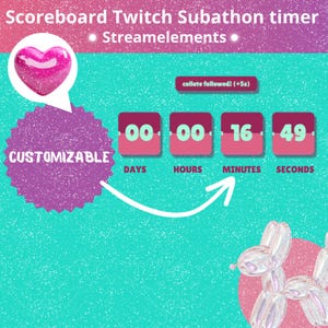May include: A customizable Twitch subathon timer with a pink heart and a white arrow pointing to the right. The timer displays days, hours, minutes, and seconds. The text "collete followed! (+5s)" is displayed in a white box.
