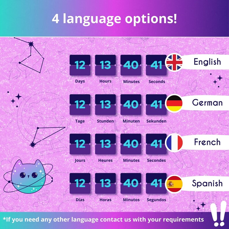 Countdown timer widget for Twitch and YouTube with 4 language options (English, German, French & Spanish). Mechanical scoreboard design, perfect for stream overlays.