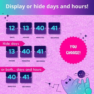 Countdown timer widget for Twitch and YouTube. Display or hide days and hours. Mechanical scoreboard style.