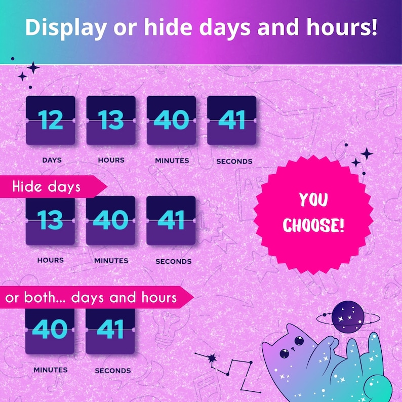 Countdown timer widget for Twitch and YouTube. Display or hide days and hours. Mechanical scoreboard style.