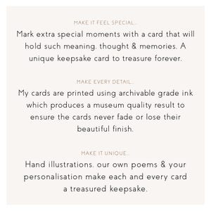 May include: A white background with text promoting keepsake cards. The text states: "Mark extra special moments with a card that will hold such meaning... A unique keepsake card to treasure forever."