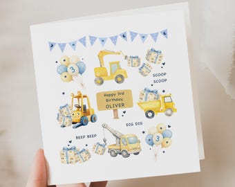 Digger birthday card | personalised, 3rd birthday card boy | construction theme