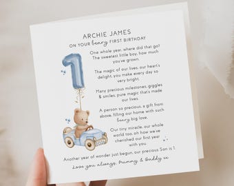 beary first birthday, card, 1st birthday card son, keepsake, personalised