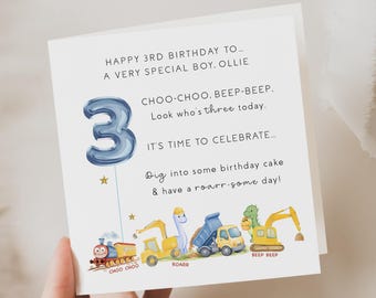 3rd birthday card boy, nephew, grandson, son | dinosaur, digger | personalised