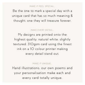 May include: Text on a white background with the words "Make it feel special", "Make every detail", and "Make it unique" in black text. The text describes the process of creating a unique card with high-quality materials and personalized details.
