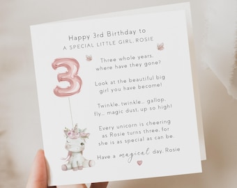 Personalised, unicorn birthday card, 3rd birthday card girl, age 3 birthday card