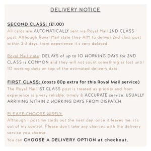 May include: A cream-colored document titled "DELIVERY NOTICE" with text detailing shipping options: Second Class and First Class. The text explains delivery times and advises customers to choose wisely at checkout.