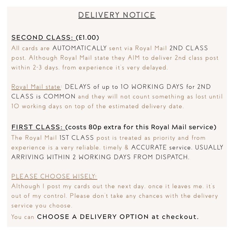 May include: A cream-colored document titled "DELIVERY NOTICE" with text detailing shipping options: Second Class and First Class. The text explains delivery times and advises customers to choose wisely at checkout.