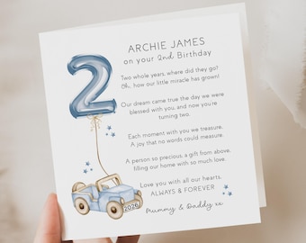 Son 2nd birthday card, personalised, keepsake