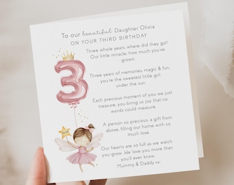 Personalised daughter 3rd birthday card, princess, fairy birthday card, poem for little girl | keepsake