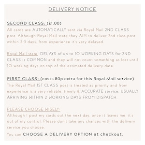 May include: A cream-colored page with the heading "DELIVERY NOTICE". The text explains Royal Mail shipping options: Second Class and First Class, and advises customers to consider delivery times when ordering.