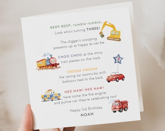 Personalised, 3rd birthday card boy, nephew, grandson, three year old birthday card, cars,  train, truck