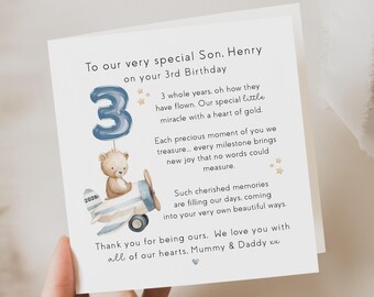 Personalised, 3rd birthday card, son, age 3, boy