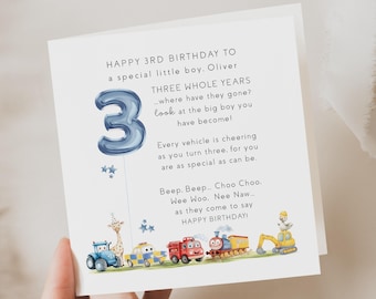 Personalised 3rd birthday card for three year old boy with cars, train & truck