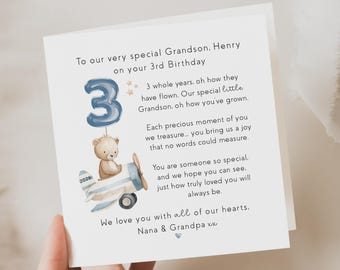 Personalised, grandson 3rd birthday card, keepsake