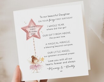 daughter first birthday card, fairy, 1st birthday card, girl, personalised, keepsake