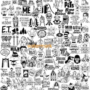 May include: Black and white illustration of various Universal Studios theme park attractions, rides, and logos.  The image includes logos for the Mummy, E.T., Despicable Me, Jurassic Park, Transformers, and more.