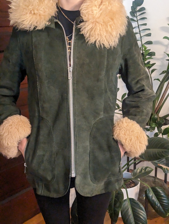Vintage green suede and fur trim coat