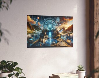 Affiche de temple de science-fiction - Illustration murale portail fantastique - Paysage futuriste pour salle de jeux