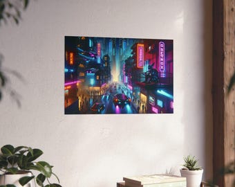 Affiche Cyberpunk City - Décoration murale néon - Skyline nocturne futuriste