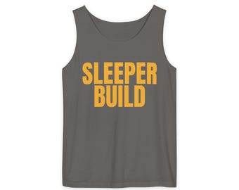 Débardeur de gym Sleeper Build teint en pièce - Imprimé doré - Humour sur la musculation