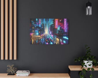 Toile imprimée Cyberpunk City - Décoration murale néon - Skyline futuriste, prête à accrocher