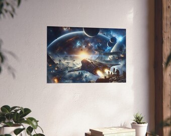 Affiche épique de scène spatiale - Illustration murale de vaisseau spatial de science-fiction - Décoration de paysage de planète extraterrestre