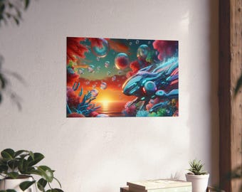 May include: A colourful art print showing a futuristic underwater scene. The image features a sunset over the ocean, coral reefs, and floating bubbles. The artwork includes a bioluminescent creature. The colour palette includes shades of red, blue, and orange.