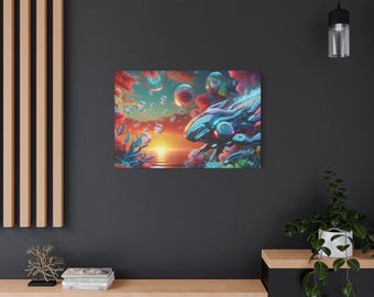 May include: A colourful canvas print showcasing a surreal underwater scene. The artwork features a futuristic, bioluminescent aquatic creature, bubbles, and coral against a sunset backdrop. The colour palette includes blues, oranges, and pinks, creating a dreamlike atmosphere.