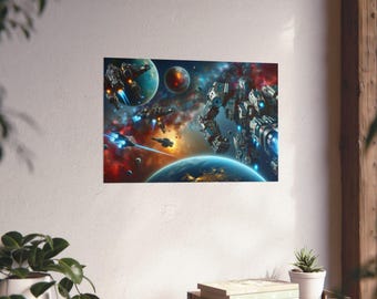Space Battle Poster - Sci-Fi Mech Wall Art Print - Robot Warship Earth Orbit Decor