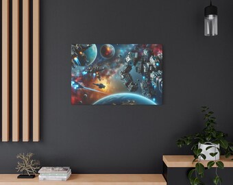 May include: A canvas print showing a futuristic space battle. The artwork features detailed spaceships, robots, and planets set against a vibrant, colourful nebula. The overall theme is science fiction and space exploration.