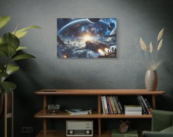 Toile imprimée représentant une scène spatiale épique - Vaisseau spatial de science-fiction - Planète extraterrestre, prête à accrocher