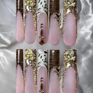 Cheeta Print French Tip Gold Bling Press On Nails | Quality Long Lasting Easy Apply Nails