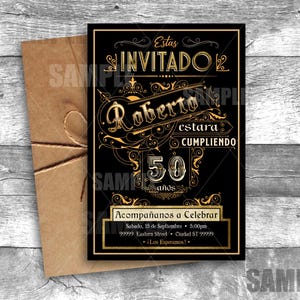 Invitacion en Espanol Hombre Adulto Antiguo Oro Rustico Negro Elegante Cumpleanos Spanish Invitation Vintage Retro Antique Men Adult 3045