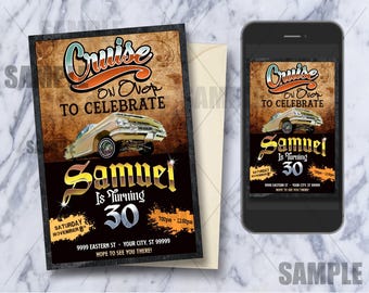 Lowrider Birthday Invitation Low Rider Cruise on Over Crusin Chicano Car Club Hot Rod Classic Cholo Theme Oldies, Homies, Chola Adult 3058