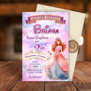Invitacion Princesa Cumpleanos Princesita Real Pequeña Nina Personalizada Digitale Spaanse uitnodiging meisje prinses Bella Elegante 3053
