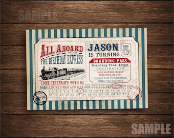 Train Birthday Ticket Invitation, Printable Digital, Locomotive Invitation, Train Party 3023
