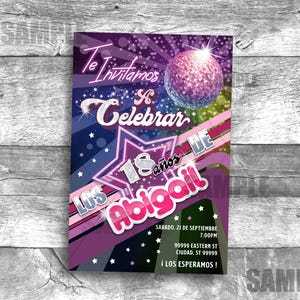 Invitacion en Espanol Disco Spaanse uitnodiging partij Baile jaren zeventig verjaardag Cumpleanos digitale retro personalizada zeventig 70's 80's 3050