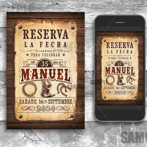 Vaquero Reserva La Fecha Invitacion Cowboy Verjaardag Spaanse Cumpleanos Botas y Sombrero Vaquera en Español Guarda Westernlaarzen Digitaal 3077