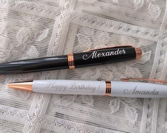 Personalized Laser Engraved Pen: Black, White, Gold Trim - Luxury Gift Set